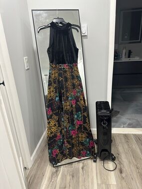 Halter Black Velvet Top Maxi Dress with Floral & Gold Motif